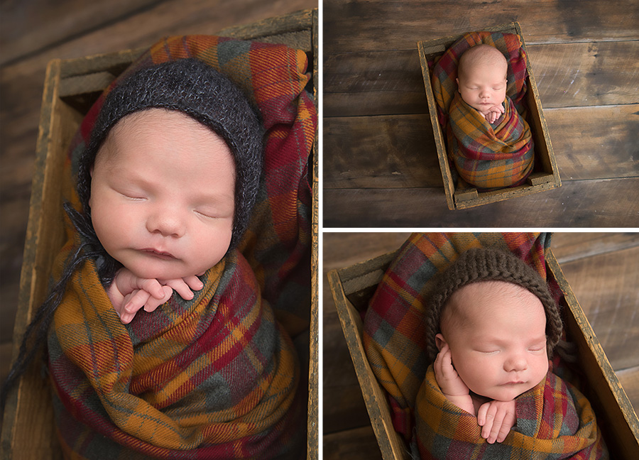 st-louis-newborn-photographer-baby-boy-wrapped-in-fall-plaid-in-crate-wearing-a-bonnet.jpg