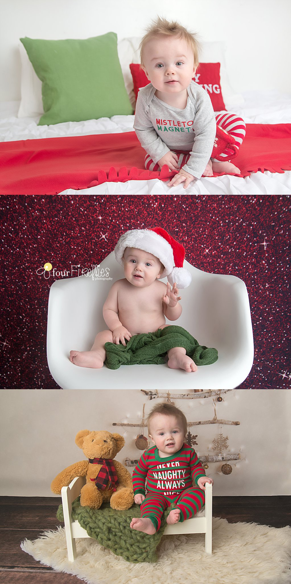 st-louis-baby-photographer-christmas-baby-on-three-different-backdrops-red-and-green-bed-red-sparkle-backdrop-rustic-tree-and-teddy-bear.jpg