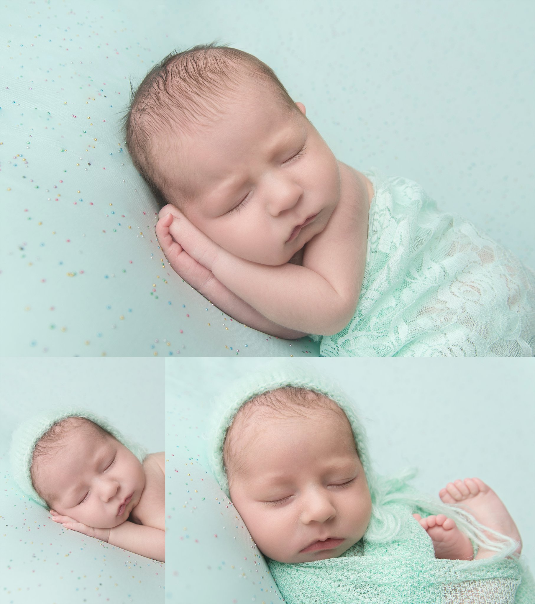 st-louis-newborn-photographer-baby-girl-on-mint-sparkle-background-with-lace-wrap-bonnet-collage.jpg