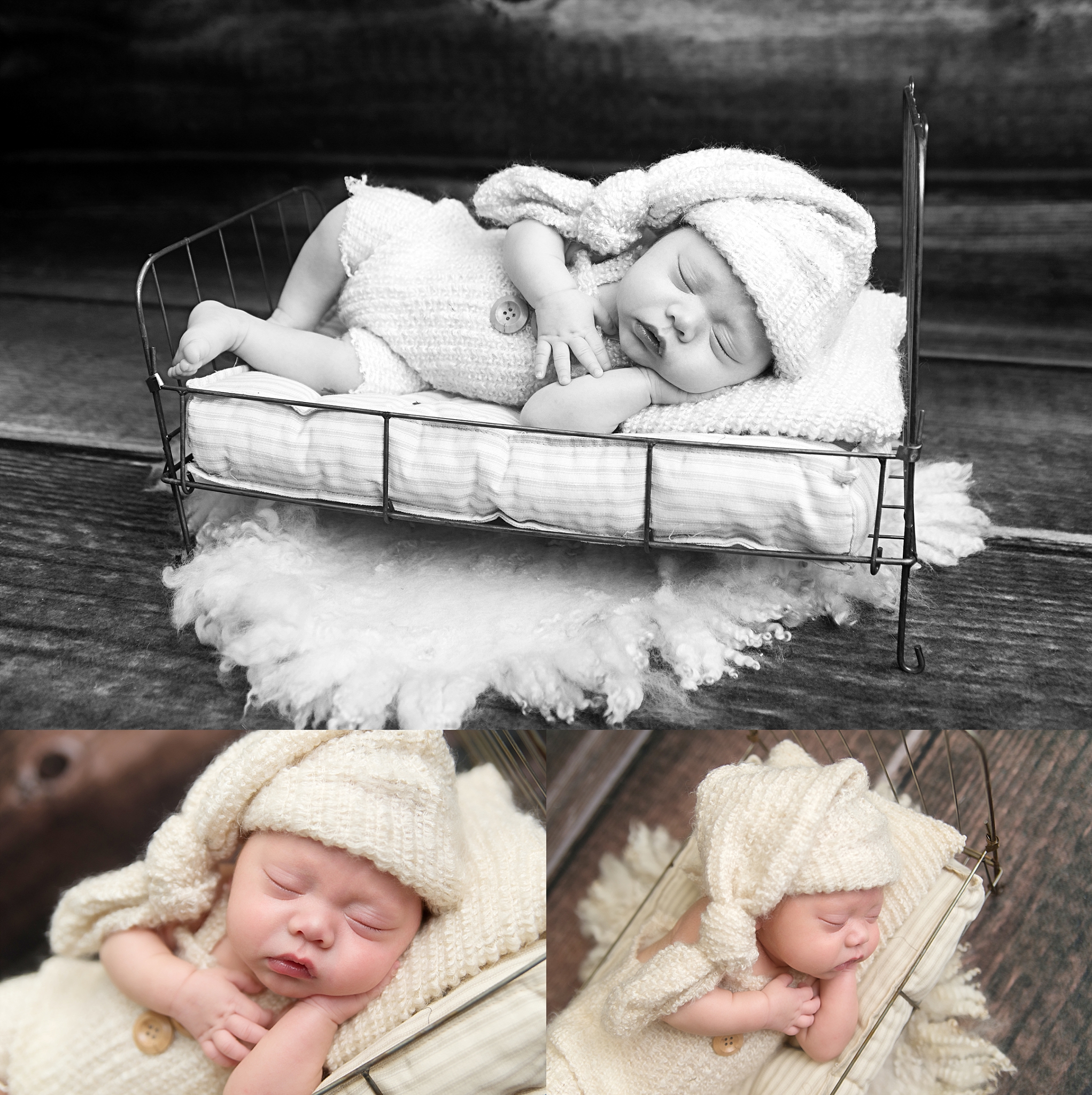 st-louis-newborn-photographer-baby-boy-wearing-fuzzy-cream-romper-and-hat-laying-on-wire-bed-with-wood-backdrop.jpg