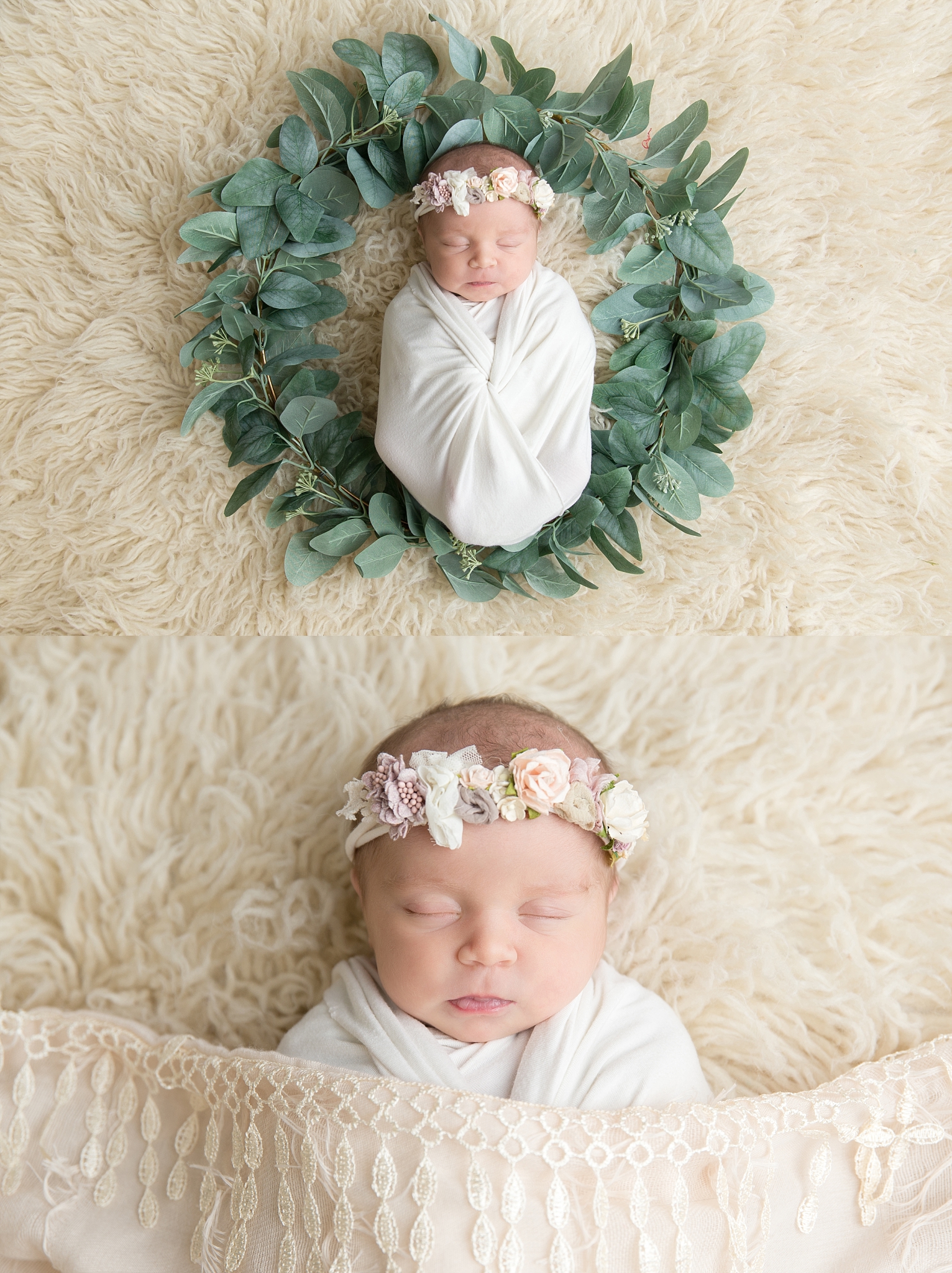 st-louis-newborn-photographer-collage-baby-girl-on-cream-fur-with-green-wreath.jpg