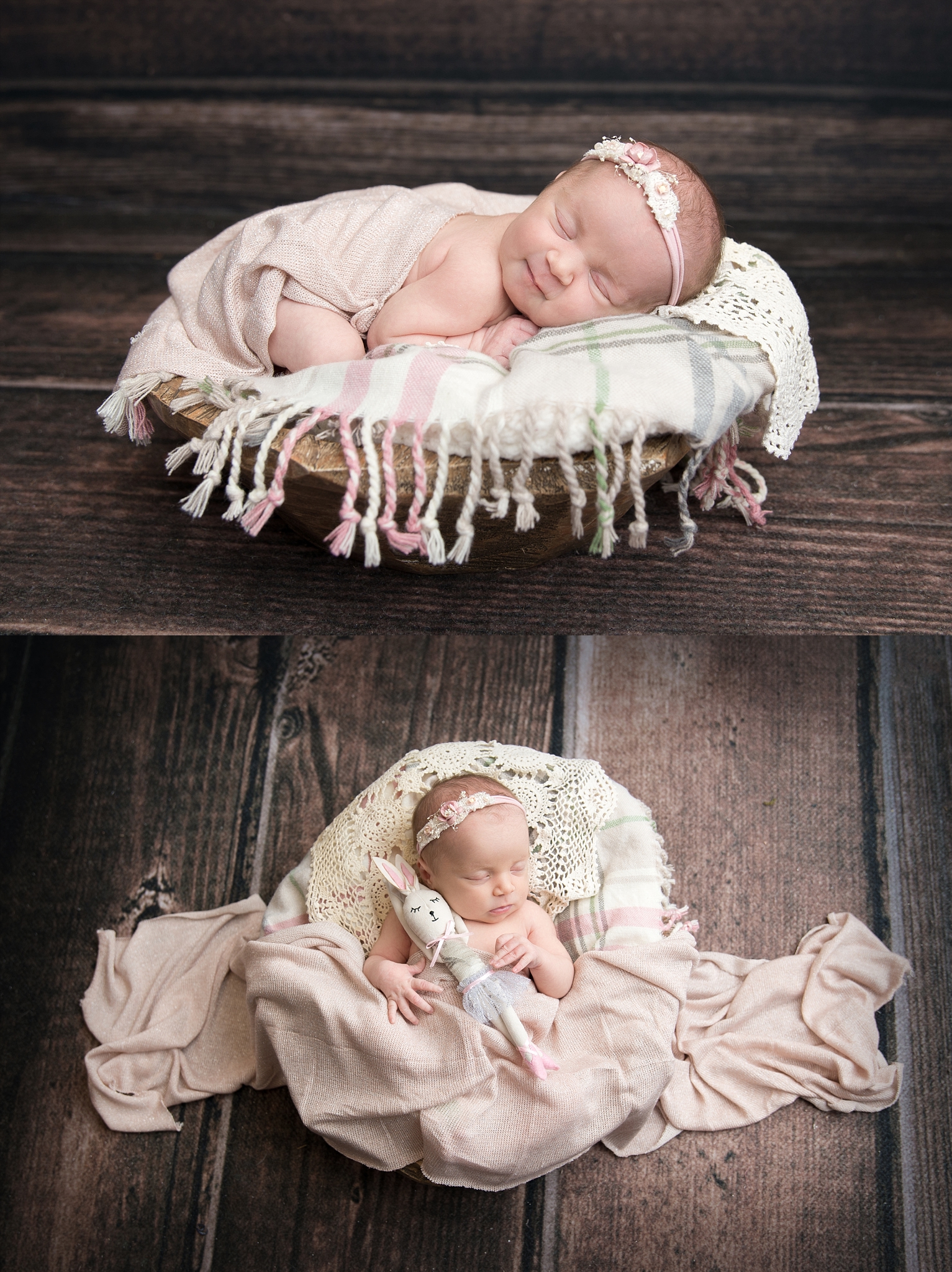 st-louis-newborn-photographer-collage-baby-girl-on-pink-plaid-blanket-with-wood-floor.jpg