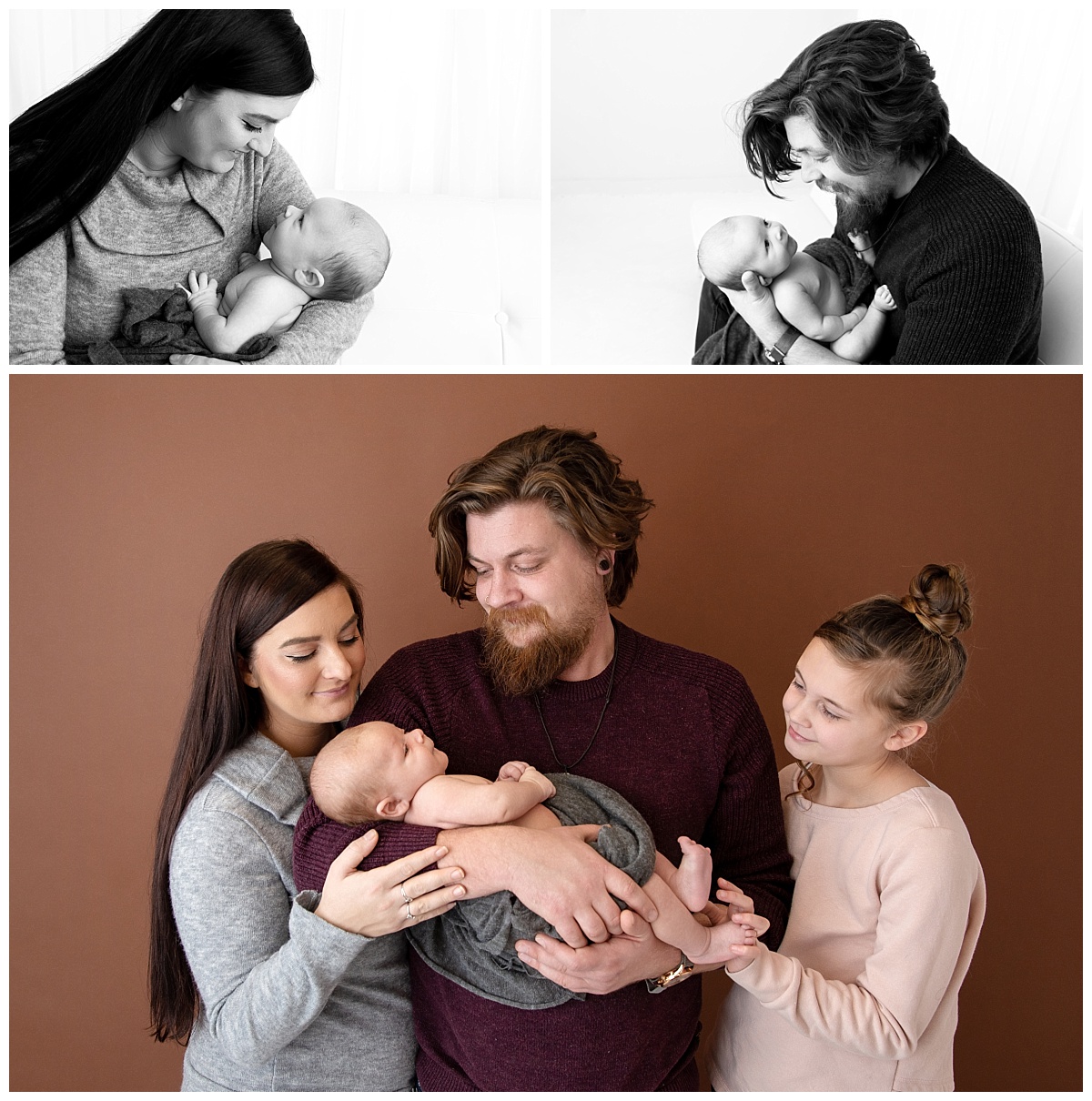 st-louis-newborn-photographer-baby-boy-with family-on-brown-backdrop-collaged-with-mom-and-dad-with-newborn.jpg