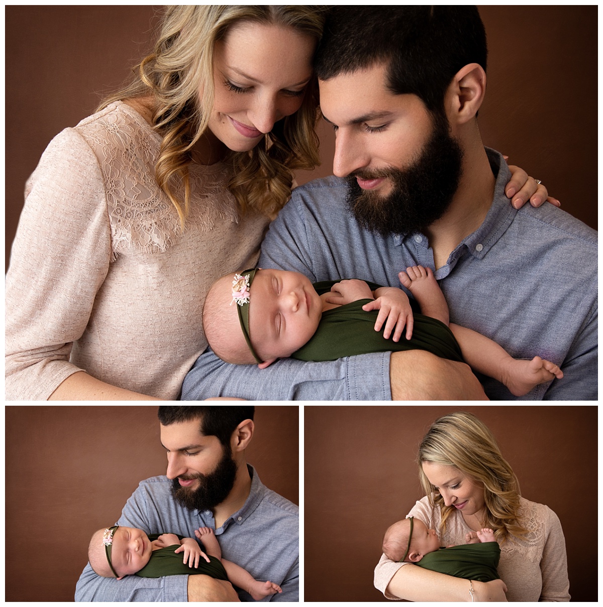st-louis-newborn-photographer-baby-girl-smiling-with mom-and-dad-on-brown-background.jpg