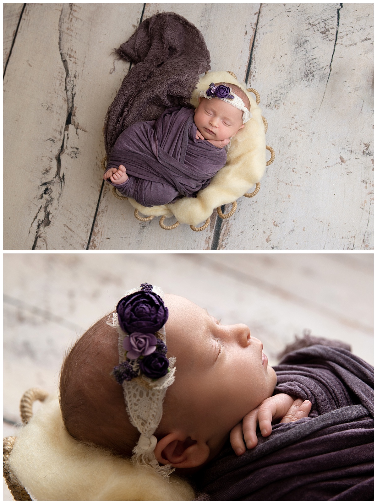 st-louis-newborn-photographer-baby-girl-wrapped-in-purple-on-rustic-cream-floor.jpg