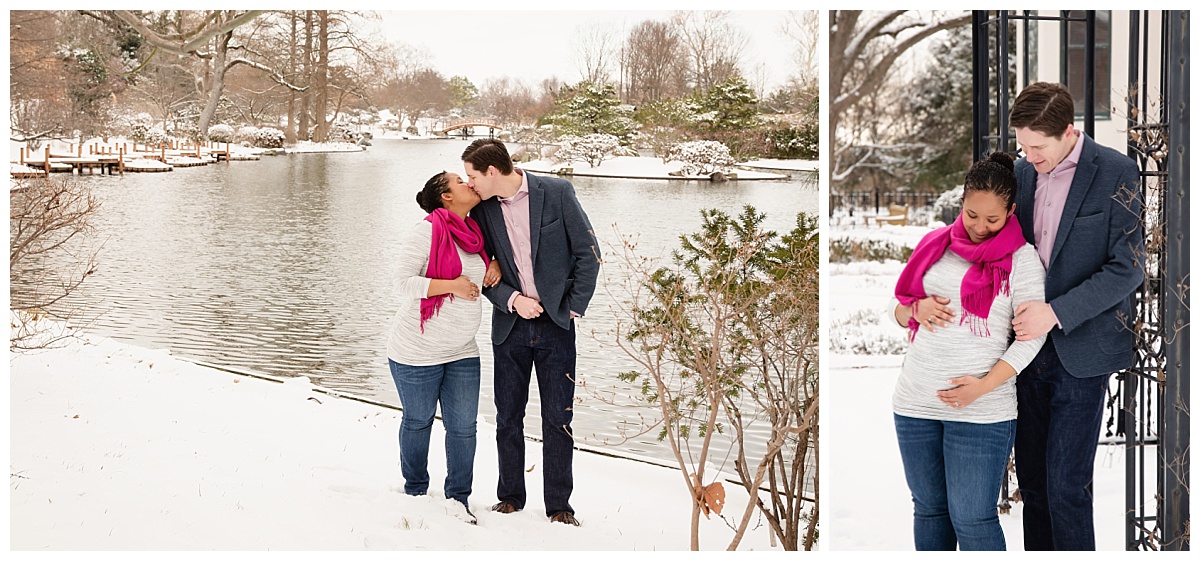 st-louis-maternity-photographer-mom-and-dad-kissing-overlooking-japanese-garden-at-missouri-botanical-gardens-mobot-in-the-snow.jpg