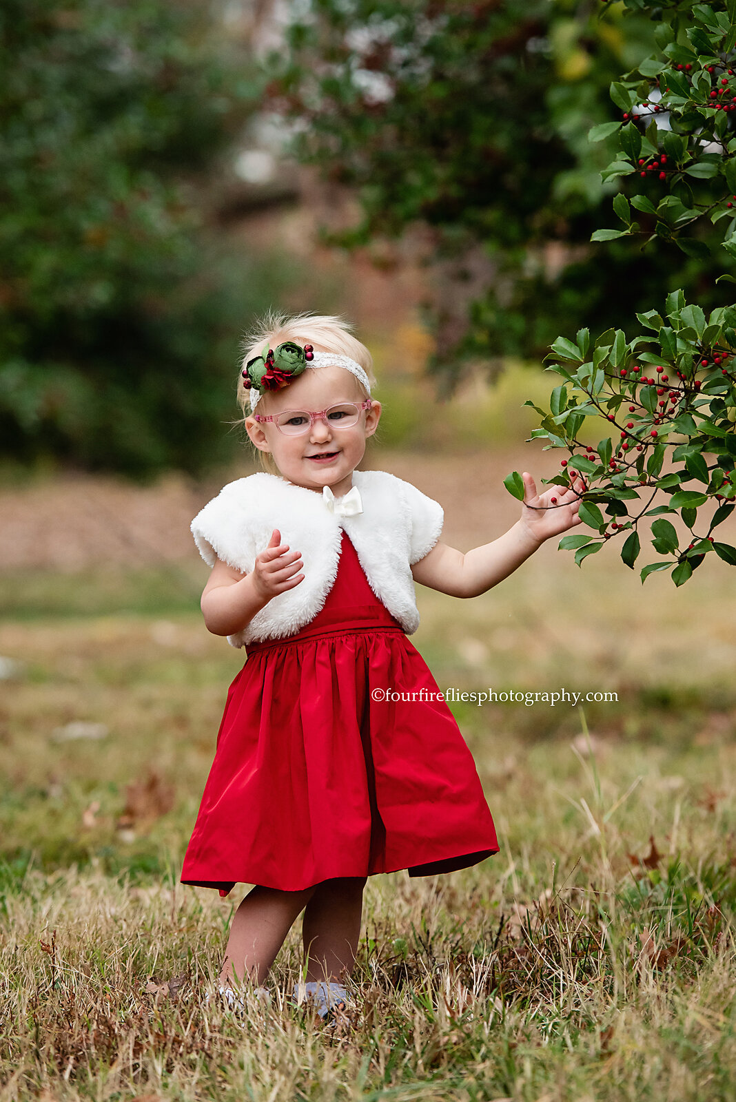 st-louis-family-photographer-holiday-mini-sessions-toddler-girl-in-red-dress-with-fur-standing-with-evergreen-trees-and-berries-forest-park-st-louis.jpg