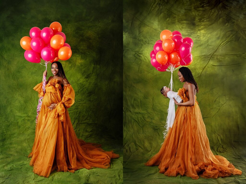 st-louis-maternity-and-newborn-photographer-before-and-after-collage-of-mom-in-orange-gown-with-balloons-both-pregnant-and-with-baby