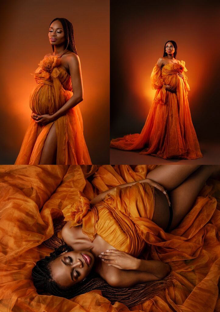 st-louis-maternity-photographer-collage-of-pregnant-mom-in-orange-gown-with-dramatic-lighting