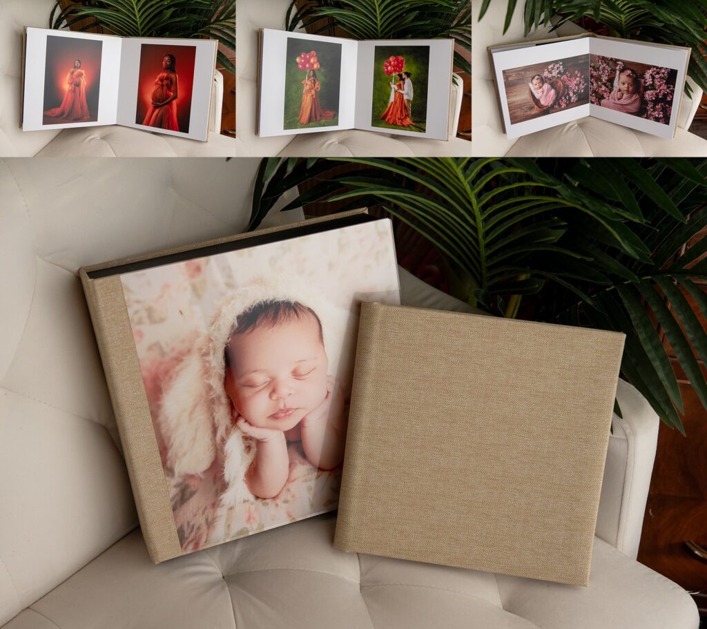 st-louis-newborn-photographer-newtral-tone-heirloom-album-sitting-on-couch-with-bunny-hat-cover